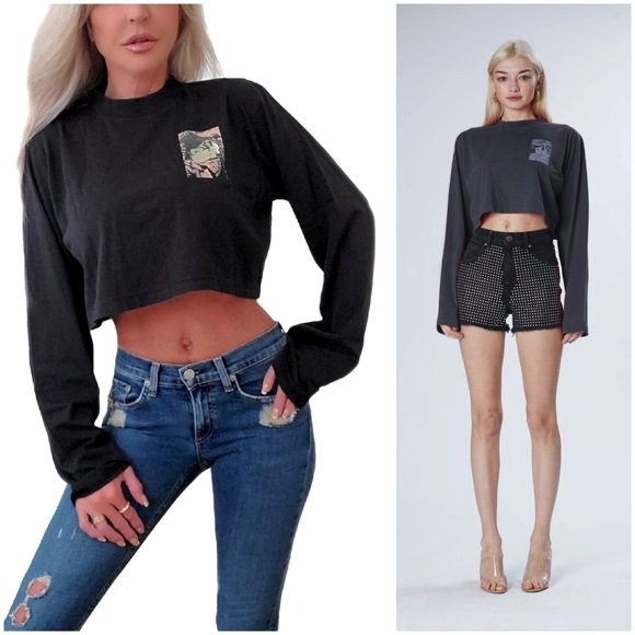 Frankie B Jenny Black Crop Long Sleeve Top - Picture 1 of 6